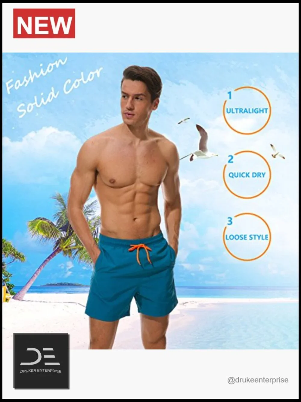 Men's Quick Dry Swim Trunks with Pockets & Mesh Lining, UPF 30